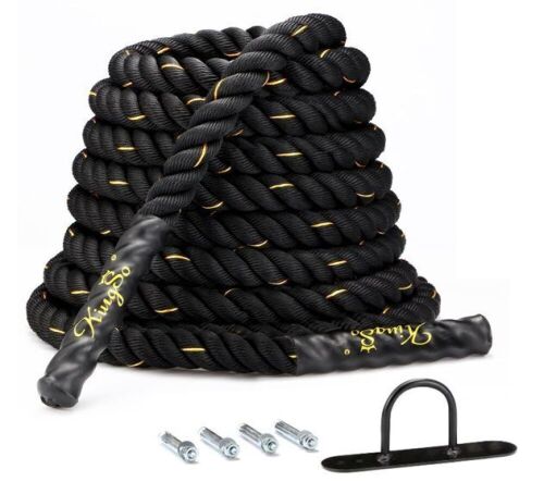 KingSo Battle Rope 1.5 Inch Heavy Exercise Training Rope with 30 Ft Length, Anchor Included without Protective Sleeve, Black - Lot 343