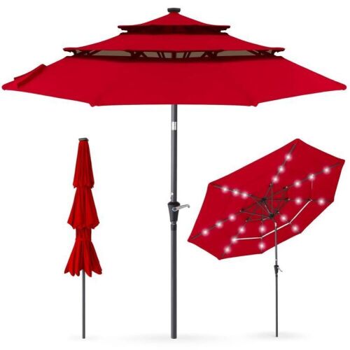 3-Tier Solar Patio Umbrella w/ LED Lights, Tilt Adjustment, Crank - 10ft - Lot 619