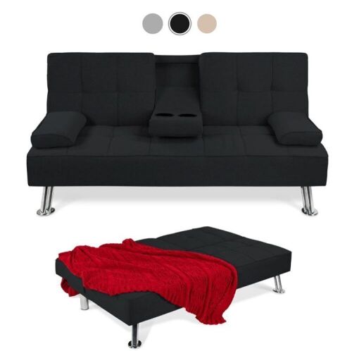 Linen Upholstered Convertible Sofa Bed Futon w/ 2 Cupholders - Lot 733