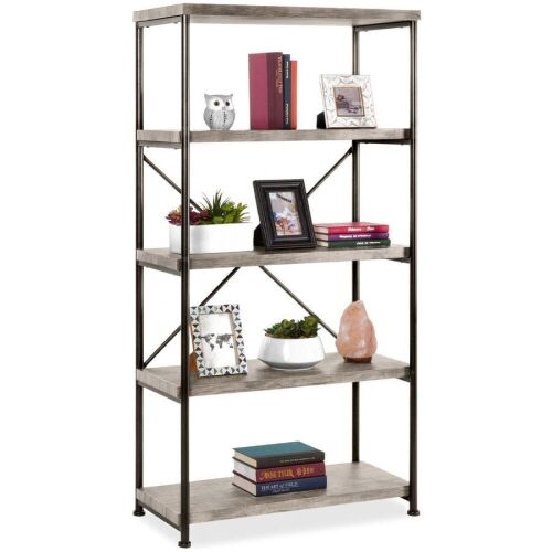 5-Tier Industrial Bookshelf w/ Metal Frame, Wood Shelves - Lot 760