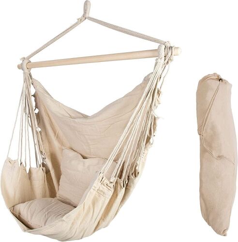 AsterOutdoor Hammock Chair Hanging Rope Swing with 2 Cushions and Wood Spreader Bar  - Lot 596