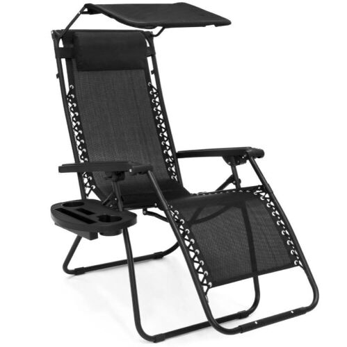 Folding Zero Gravity Recliner Patio Lounge Chair w/ Canopy, Side Tray - Lot 613