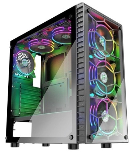 MUSETEX 6pcs 120mm ARGB Fans and USB3.0 ATX Mid-Tower Chassis Gaming PC Case, 2 Tempered Glass Panels Gaming Style Windows Computer Case Desktop Case, Appears New - Lot 48