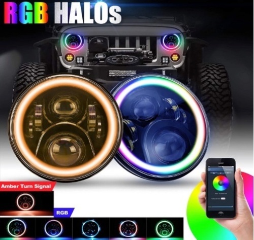 SUPAREE 7” round LED Headlights RGB Halo Angel Eyes with Amber Turn Signal Light 7 inch Bluetooth Remote Control for 1997-2017 Jeep Wrangler JK LJ TJ CJ Sahara Sport Rubicon Hummer H1 H2, E-Commerce Return, Untested - Lot 55