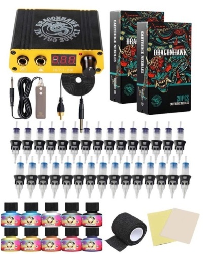 Dragonhawk Complete Tattoo Kit Rotary Tattoo Pen Machine Cartridges Needles Power Supply, Appears New - Lot 167