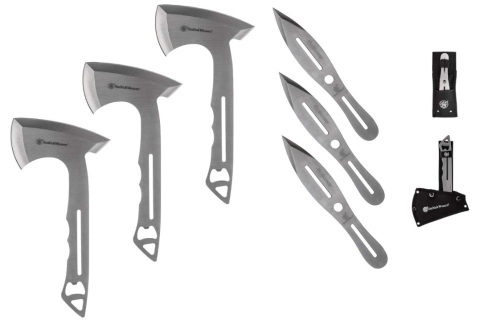 Smith & Wesson 8in Throwing Knives and 10in Axes Combo with Full Tang Stainless Steel Design, Bottle Opener and Nylon Sheaths for Recreation and Competition, E-Commerce Return - Lot 216