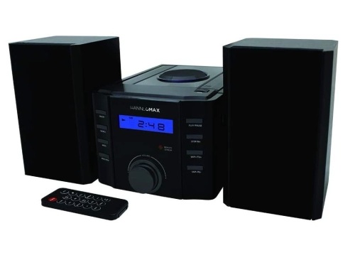 HANNLOMAX HX-1081BT CD Micro Compo with AM/FM Radio, Bluetooth, Aux-in, Wooden Speaker Box and Remote Control, E-Commerce Return, Untested - Lot 413