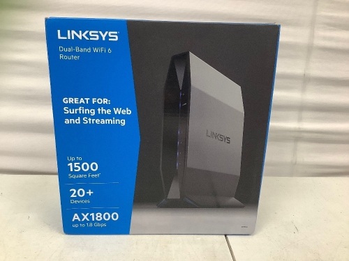 Linksys Dual Band Wifi 6 Router, Untested, E-Comm Return, MIssing Cable & Guide with Password, Retail 199.99 - Lot 261