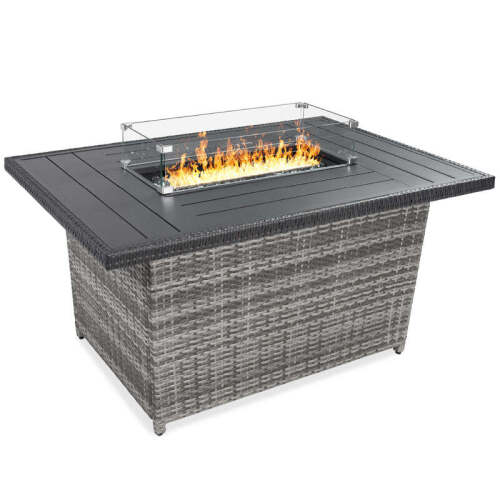 Wicker Propane Fire Pit Table, 50,000 BTU w/ Glass Wind Guard, Cover - 52in - Lot 1844