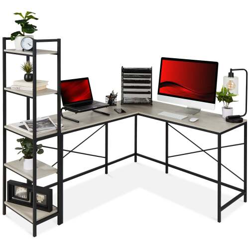 L-Shaped Computer Desk, Study Workstation w/ 5-Tier Open Storage Bookshelf - Lot 1969