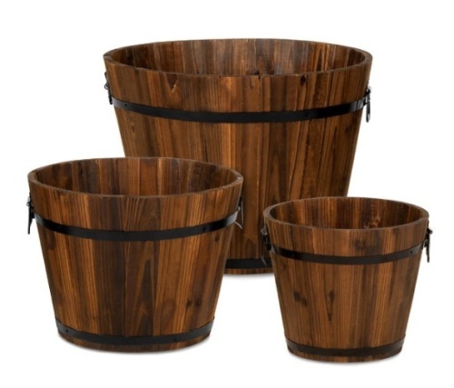 Set of 3 Rustic Wood Bucket Barrel Garden Planters Set w/ Drainage Holes - Lot 7