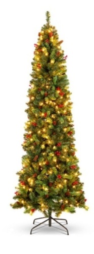 Pre-Lit Spruce Pencil Christmas Tree w/ Berries, Pine Cones, 12ft - Lot 11