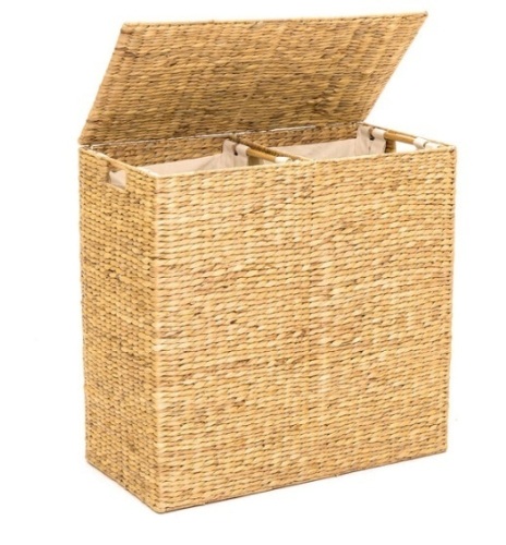 Extra Large Water Hyacinth Double Laundry Hamper Basket w/ 2 Liner Bags, Brown - Lot 20