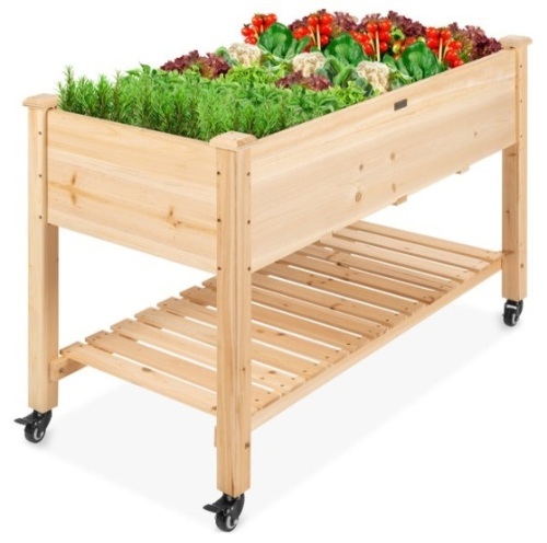 Mobile Raised Garden Bed Elevated Wood Planter w/ Wheels, Storage Shelf - Lot 24