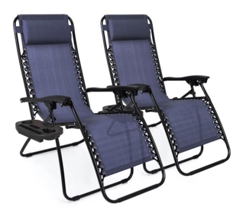 Set of 2 Adjustable Zero Gravity Patio Chair Recliners w/ Cup Holders, Blue - Lot 32