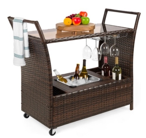 Wicker Serving Bar Cart w/ Wheels, Glass Counter, Ice Bucket - Lot 33