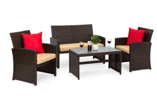 4-Piece Outdoor Wicker Conversation Patio Set w/ 4 Seats, Glass Table Top, Brown/Beige - Lot 36
