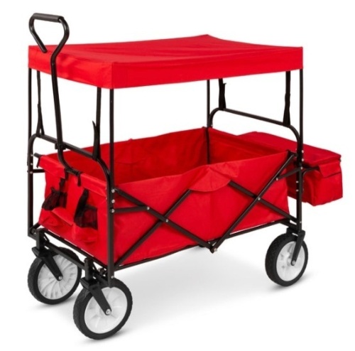 Utility Wagon Cart w/ Folding Design, 2 Cup Holders, Removable Canopy, Red - Lot 44