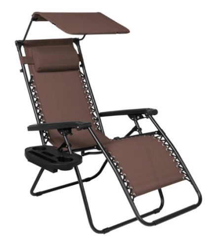 Folding Zero Gravity Recliner Patio Lounge Chair w/ Canopy, Side Tray, Brown - Lot 47