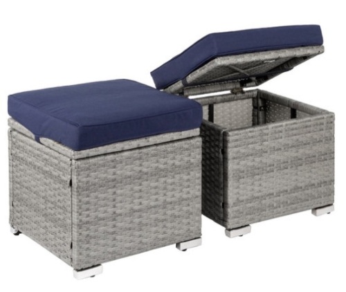 Set of 2 Wicker Ottomans, Multipurpose w/ Removable Cushions, Steel Frame, Gray/Navy - Lot 51