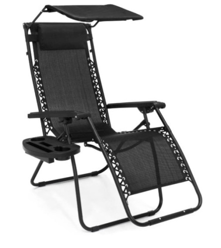 Folding Zero Gravity Recliner Patio Lounge Chair w/ Canopy, Side Tray, Black - Lot 52