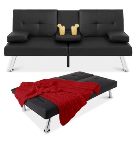 Faux Leather Upholstered Convertible Sofa Bed Futon w/ 2 Cupholders, Black - Lot 55