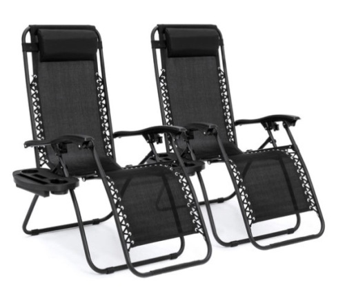 Set of 2 Adjustable Zero Gravity Patio Chair Recliners w/ Cup Holders, Black - Lot 56