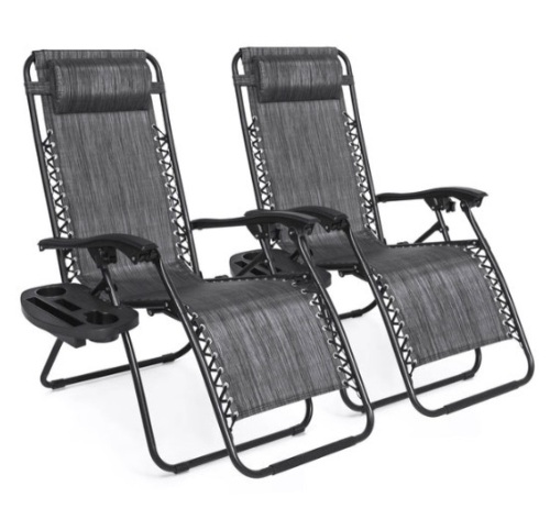 Set of 2 Adjustable Zero Gravity Patio Chair Recliners w/ Cup Holders, Gray - Lot 71