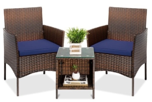3-Piece Outdoor Patio Wicker Bistro Set w/ Side Storage Table, Brown/Navy - Lot 76