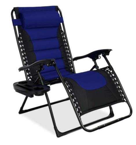 Oversized Padded Zero Gravity Chair, Folding Recliner w/ Headrest, Side Tray, Blue/Black - Lot 81