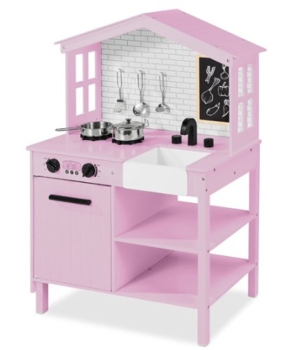 Kids Farmhouse Play Kitchen w/ Chalkboard, Storage Shelves, 5 Accessories, Pink - Lot 86