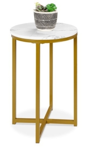 Round Coffee Side Table w/ Faux Marble Top, Metal Frame - 16in, White/Bronze Gold - Lot 89