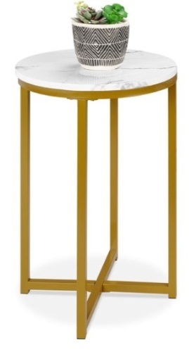 Round Coffee Side Table w/ Faux Marble Top, Metal Frame - 16in, White/Bronze Gold - Lot 90