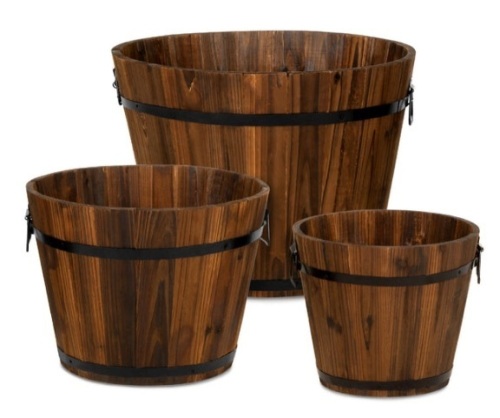 Set of 3 Rustic Wood Bucket Barrel Garden Planters Set w/ Drainage Holes - Lot 102
