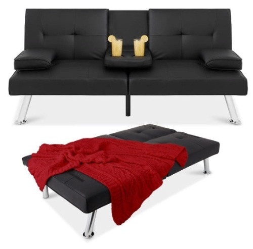 Faux Leather Upholstered Convertible Sofa Bed Futon w/ 2 Cupholders, Black - Lot 104