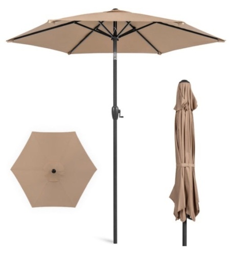 Outdoor Market Patio Umbrella w/ Push Button Tilt, Crank Lift - 7.5ft, Tan - Lot 112