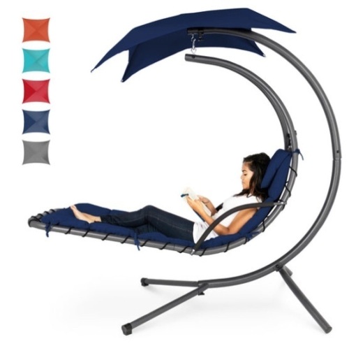 Hanging Curved Chaise Lounge Chair w/ Built-In Pillow, Removable Canopy, Navy Blue - Lot 117
