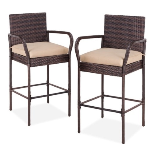 Set of 2 Indoor Outdoor Wicker Bar Stools w/ Cushion, Footrests, Armrests, Brown - Lot 118