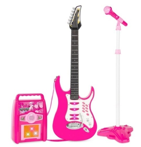 Kids Electric Guitar Toy Play Set w/ 6 Songs, Microphone, Amp, Pink - Lot 122