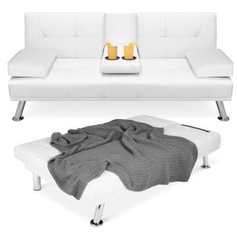 Faux Leather Upholstered Convertible Sofa Bed Futon w/ 2 Cupholders, White - Lot 128