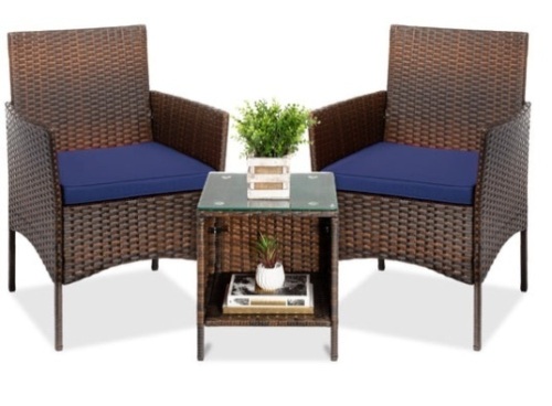3-Piece Outdoor Patio Wicker Bistro Set w/ Side Storage Table, Brown/Navy - Lot 132