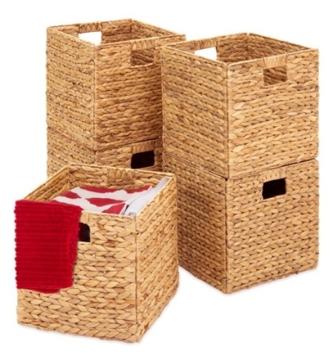Set of 5 Collapsible Hyacinth Storage Baskets w/ Inserts - 12x12in, Natural - Lot 133