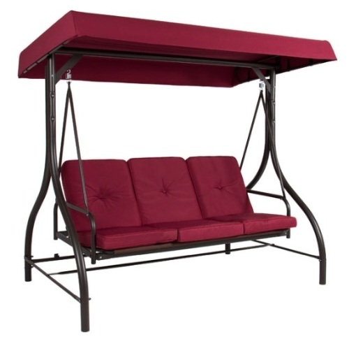 3-Seat Outdoor Canopy Swing Glider Furniture w/ Converting Flatbed Backrest, Burgundy - Lot 136
