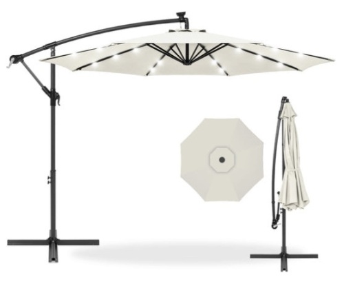 Solar LED Offset Hanging Patio Umbrella w/ Crank Tilt Adjustment - 10ft, Cream - Lot 137