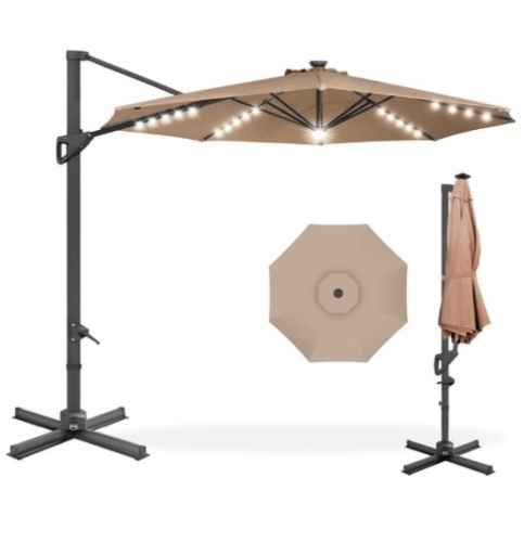 360-Degree Solar LED Cantilever Offset Patio Umbrella w/ Tilt - 10ft, Tan - Lot 140