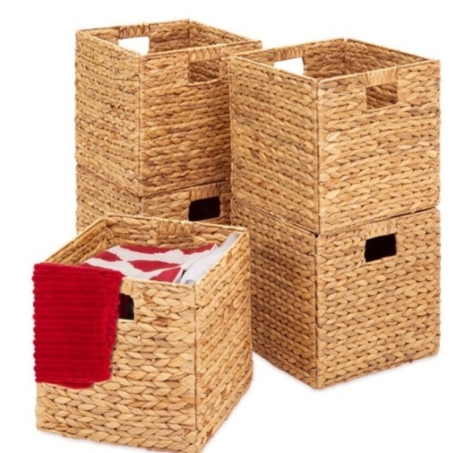 Set of 5 Collapsible Hyacinth Storage Baskets w/ Inserts - 12x12in, Natural - Lot 141