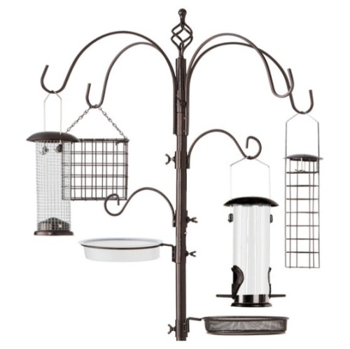 Bird Feeding Station, 6-Hook Steel Multi-Feeder Stand w/ 4 Feeders - 89in, Bronze  - Lot 144