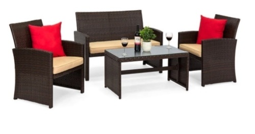 4-Piece Outdoor Wicker Conversation Patio Set w/ 4 Seats, Glass Table Top, Brown/Beige - Lot 145