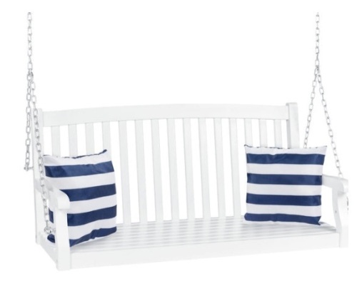 Wooden Curved Back Hanging Porch Swing Bench w/ Mounting Chains - 48in, White - Lot 147