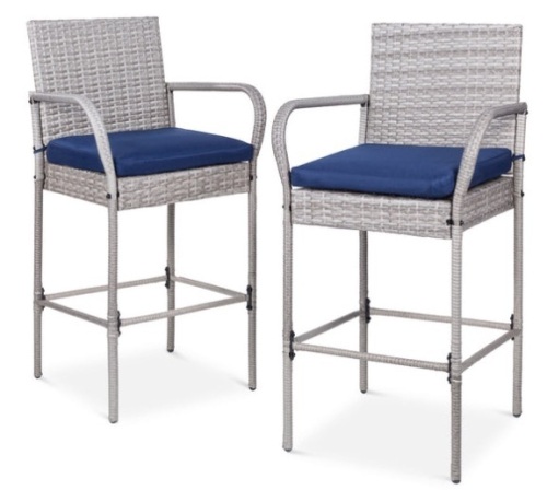Set of 2 Indoor Outdoor Wicker Bar Stools w/ Cushion, Footrests, Armrests, Gray - Lot 150